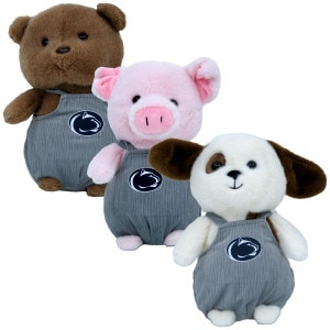 plush stuffed bear, pig, and dog with Penn State overalls